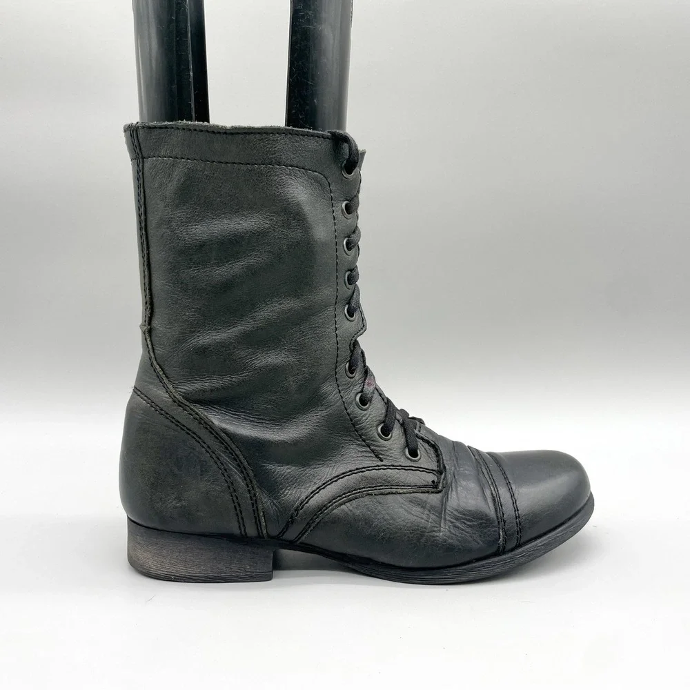 Steve Madden Troopa Black Leather Lace Up Side Zip Combat Boots Womens 9 Punk